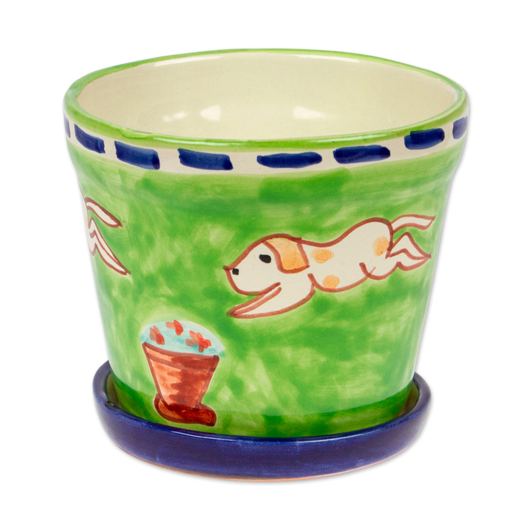 Whimsical Dog-Themed Medium-Sized Flower Pot and Saucer Set - Merry Dogs