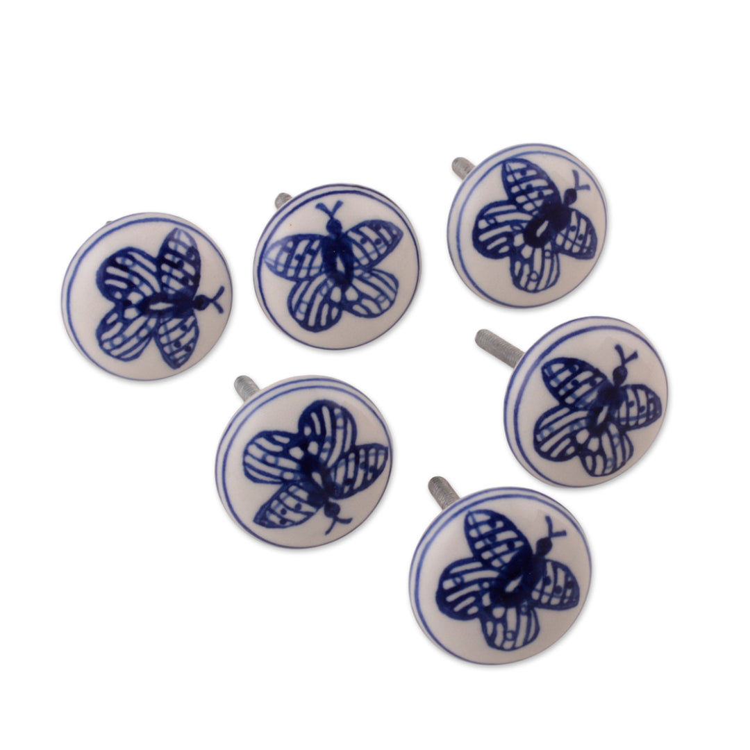Butterfly-Themed 6-Piece White and Blue Ceramic Knob Set - Butterfly Eternity