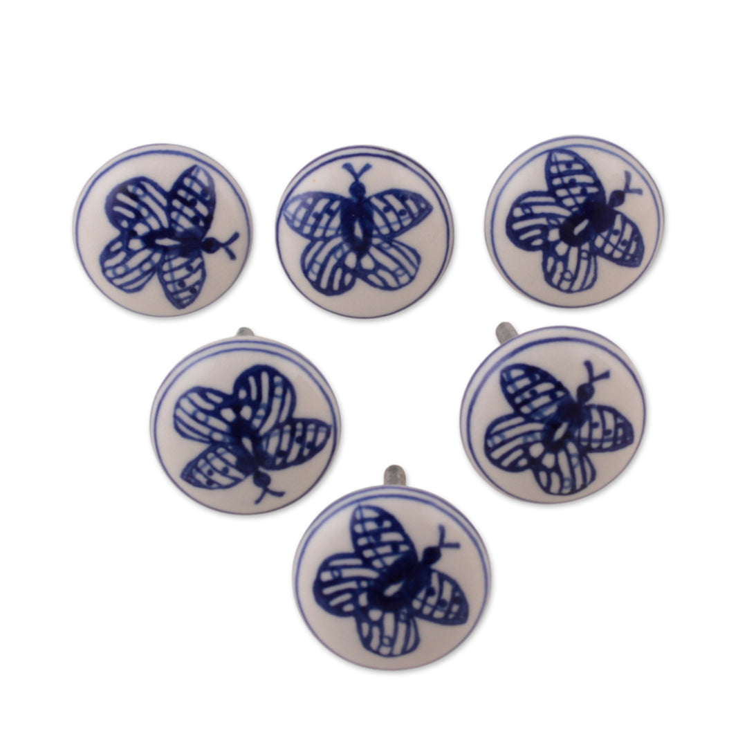 Butterfly-Themed 6-Piece White and Blue Ceramic Knob Set - Butterfly Eternity