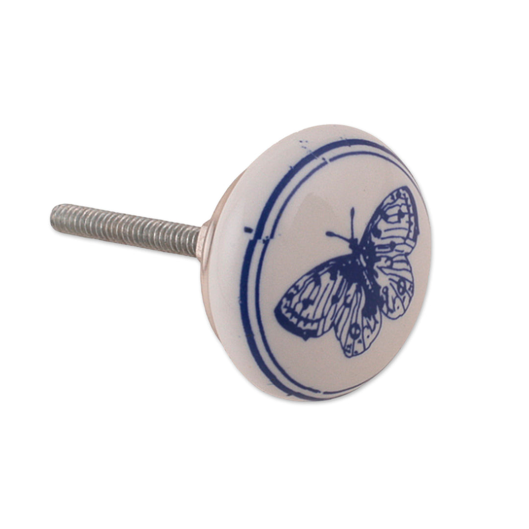 Butterfly-Themed 6-Piece White and Blue Ceramic Knob Set - Butterfly Eternity