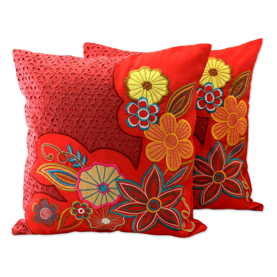 2 Red Applique Embroidered Cushion Covers with Hakoba Lace - Floral Romance