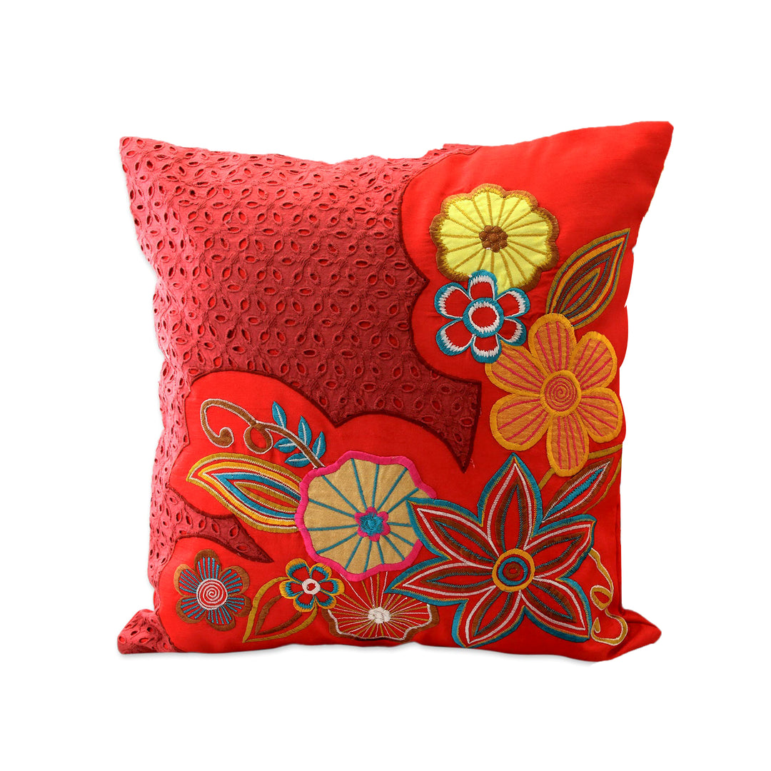 2 Red Applique Embroidered Cushion Covers with Hakoba Lace - Floral Romance