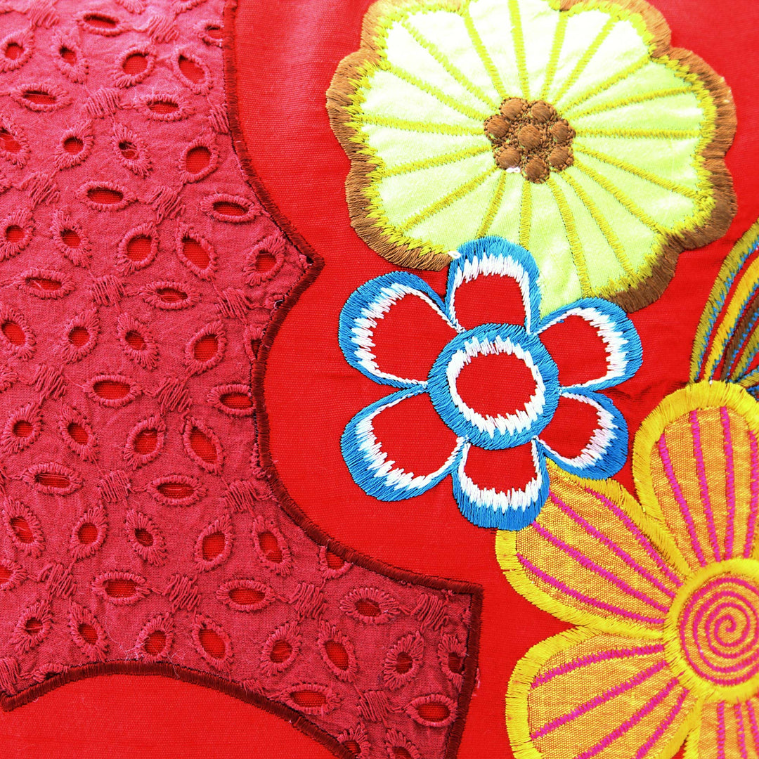 2 Red Applique Embroidered Cushion Covers with Hakoba Lace - Floral Romance