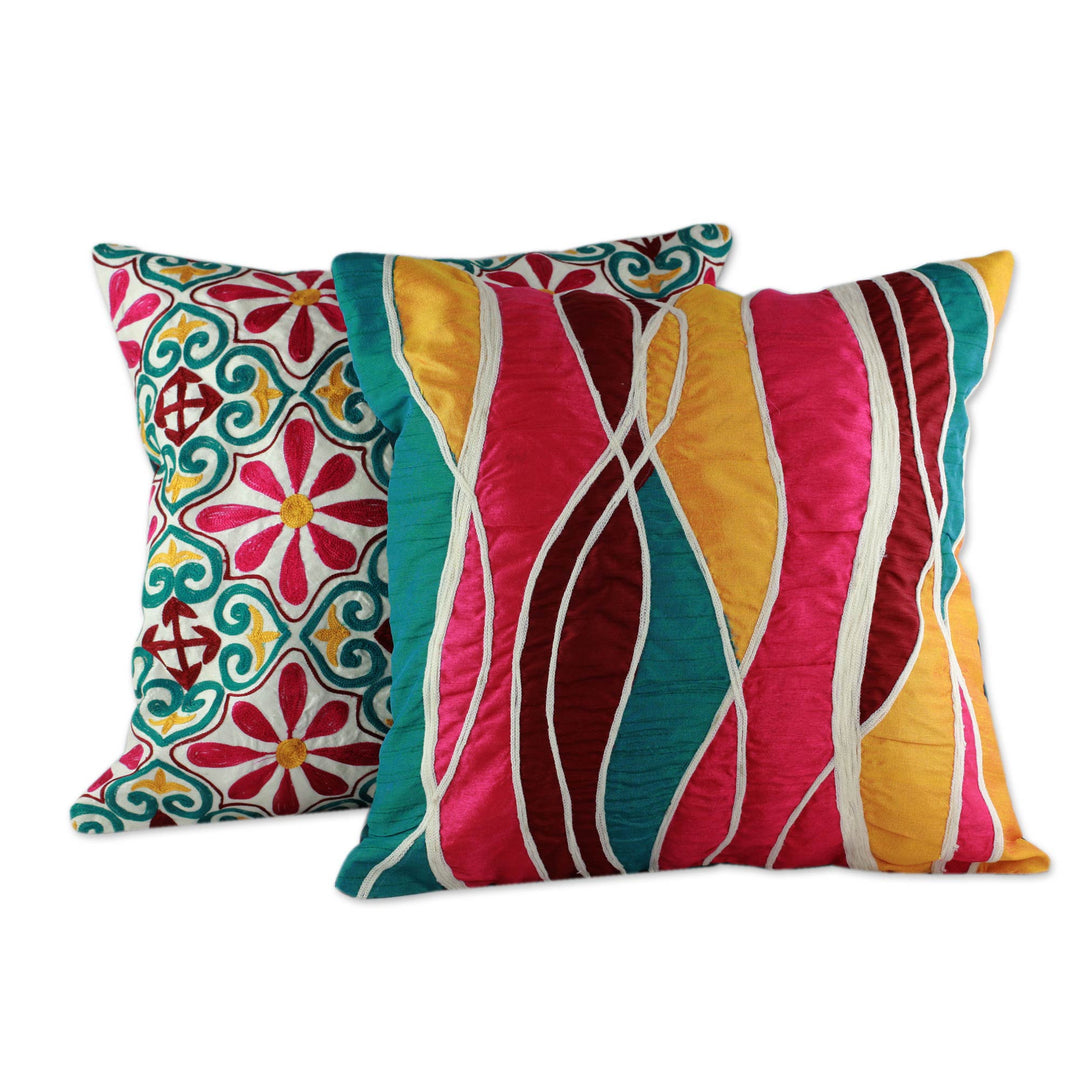 Floral Abstract Embroidered Patchwork Cushion Covers (Pair) - Colorful Connection