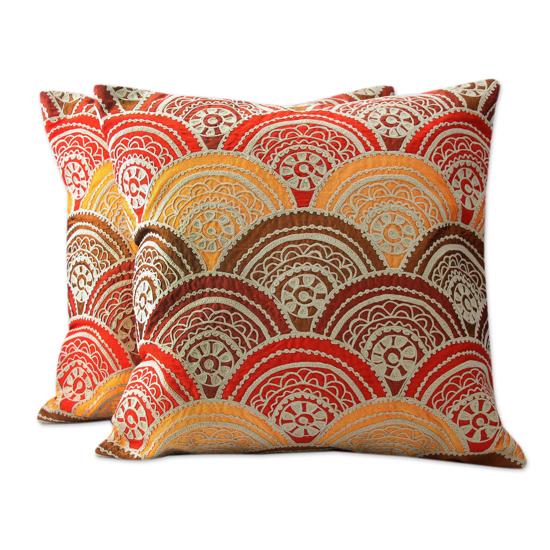 2 Sun-Themed Embroidered Orange Yellow Brown Cushion Covers - Sunshine Greetings