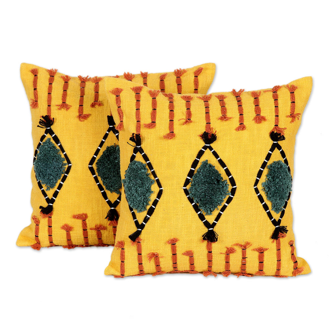 2 Geometric Cotton Cushion Covers with Tufted Embroidery - Sunlight Bliss