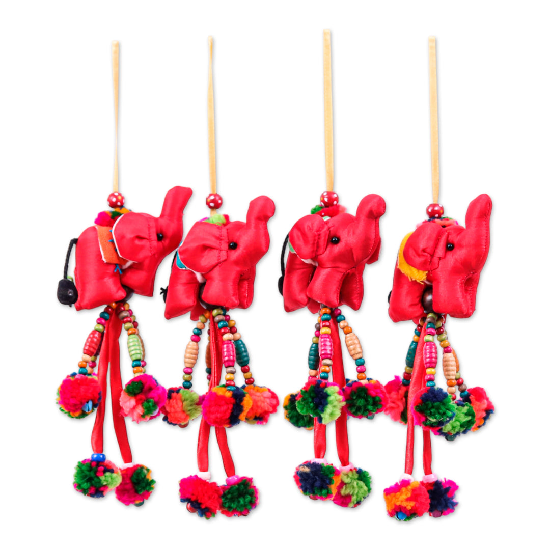 Thai Elephant 4-Piece Cotton Blend Ornament Set in Red Hues - Elephants of Red