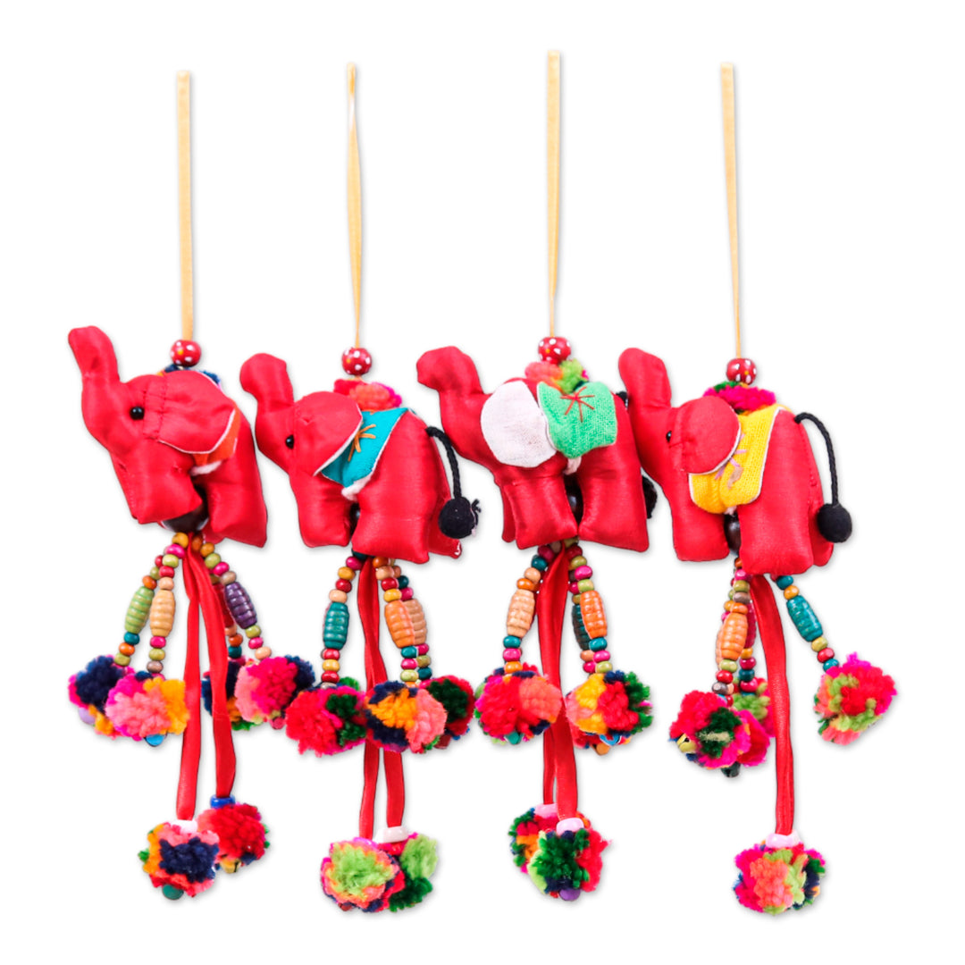 Thai Elephant 4-Piece Cotton Blend Ornament Set in Red Hues - Elephants of Red