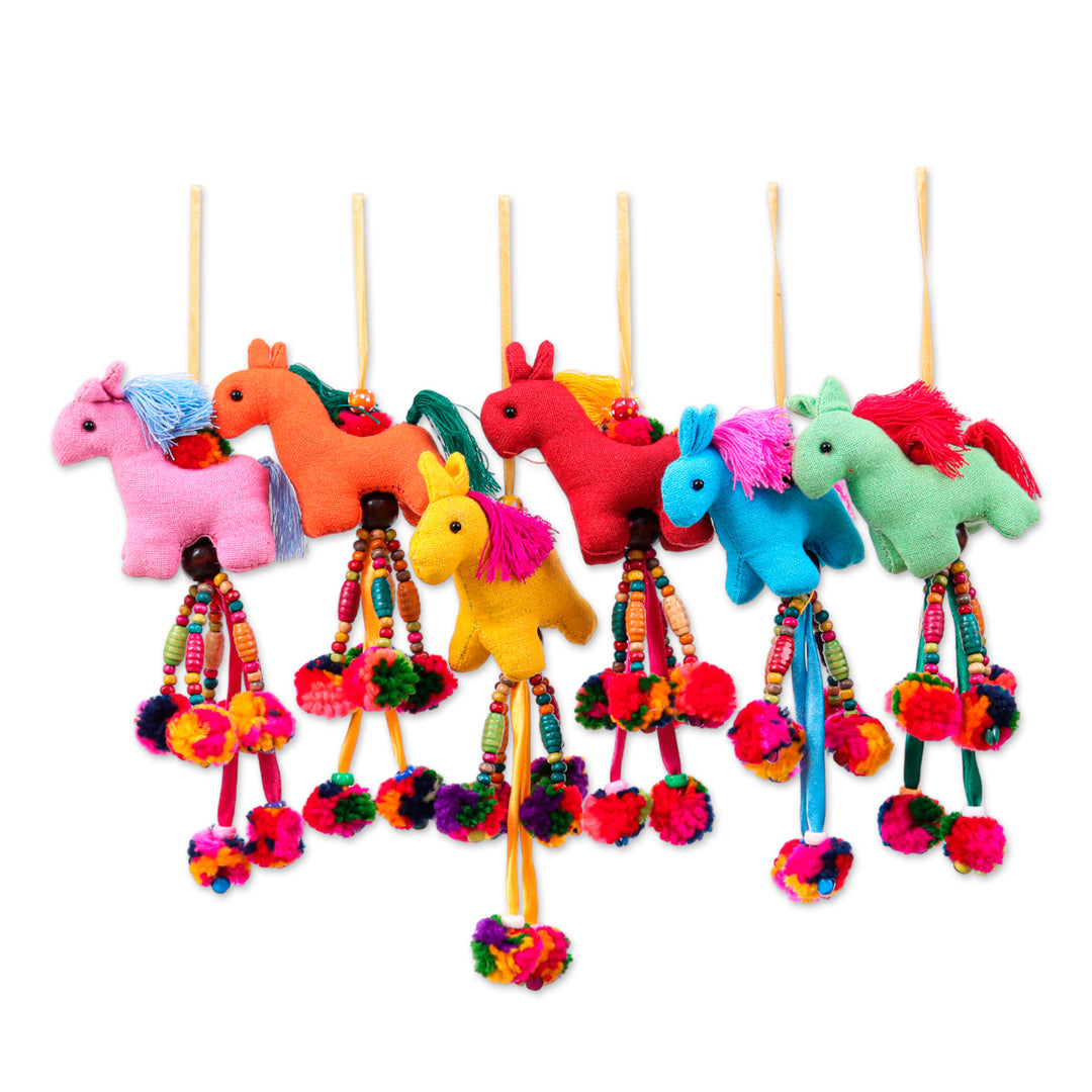 Multicolor 6-Piece Horse-Themed Beaded Cotton Ornament Set - Carousel Melody