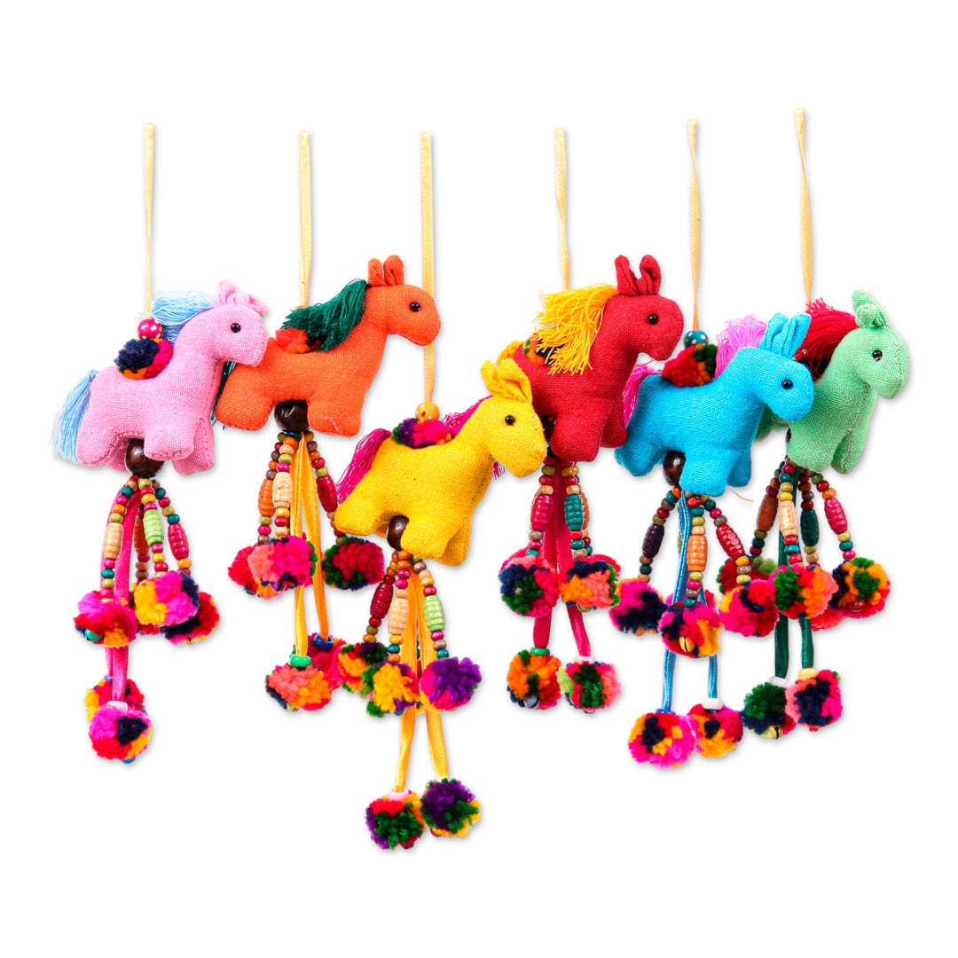 Multicolor 6-Piece Horse-Themed Beaded Cotton Ornament Set - Carousel Melody