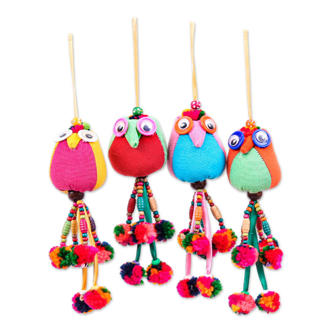 Bird-Themed Colorful 4-Piece 100% Cotton Owl Ornament Set - Chic Owls