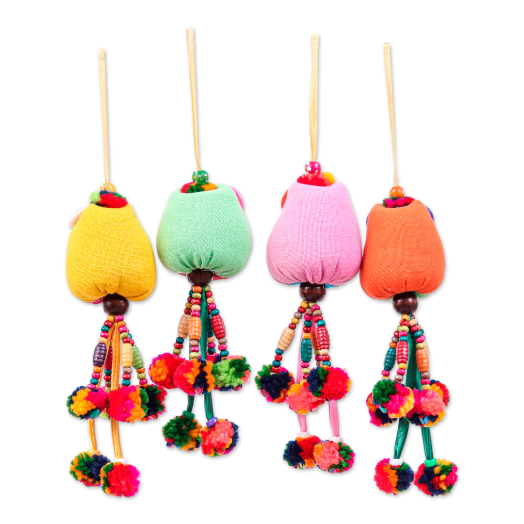 Bird-Themed Colorful 4-Piece 100% Cotton Owl Ornament Set - Chic Owls