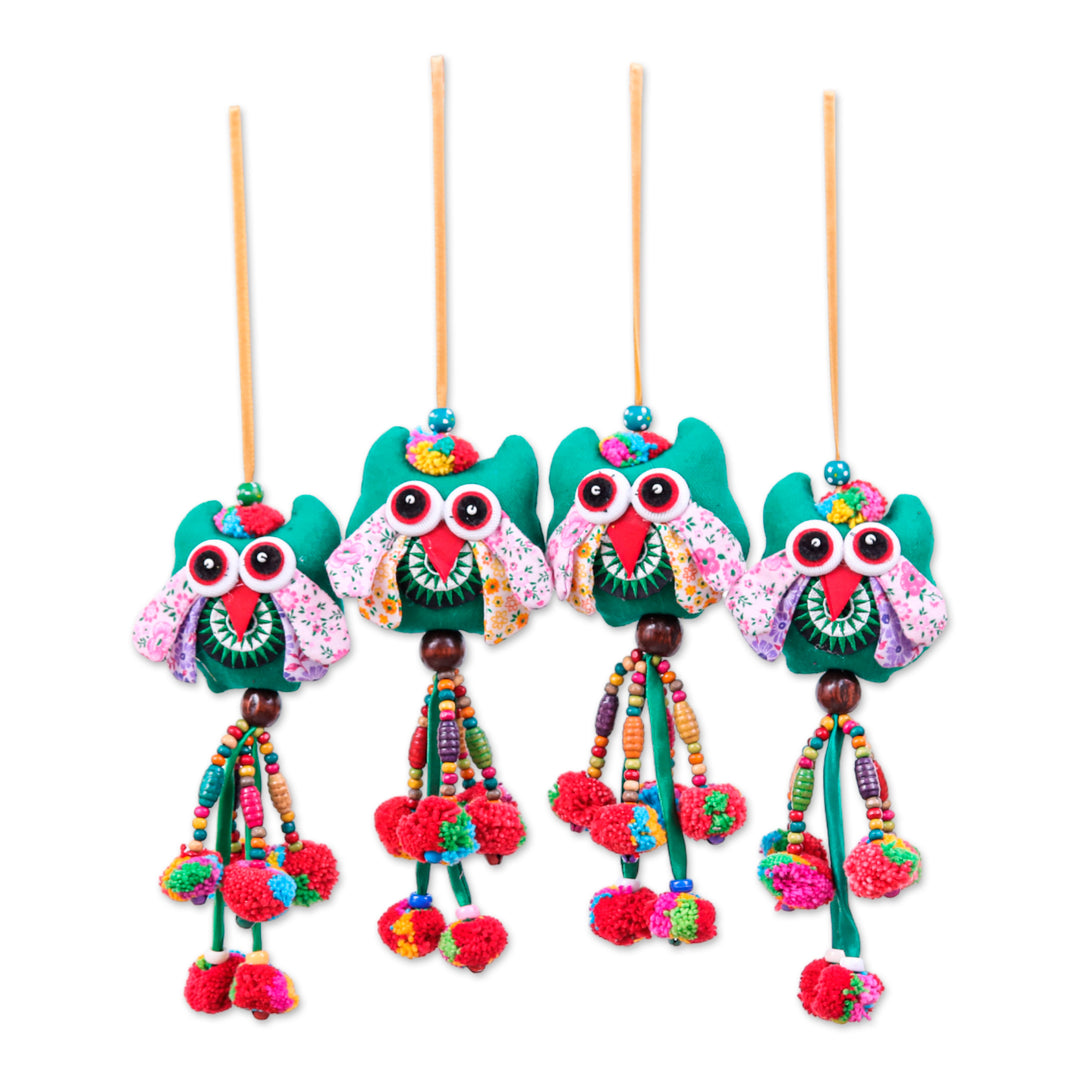 Green-Palette Owl-Themed 4-Piece Cotton Blend Ornament Set - Lagoon Owls