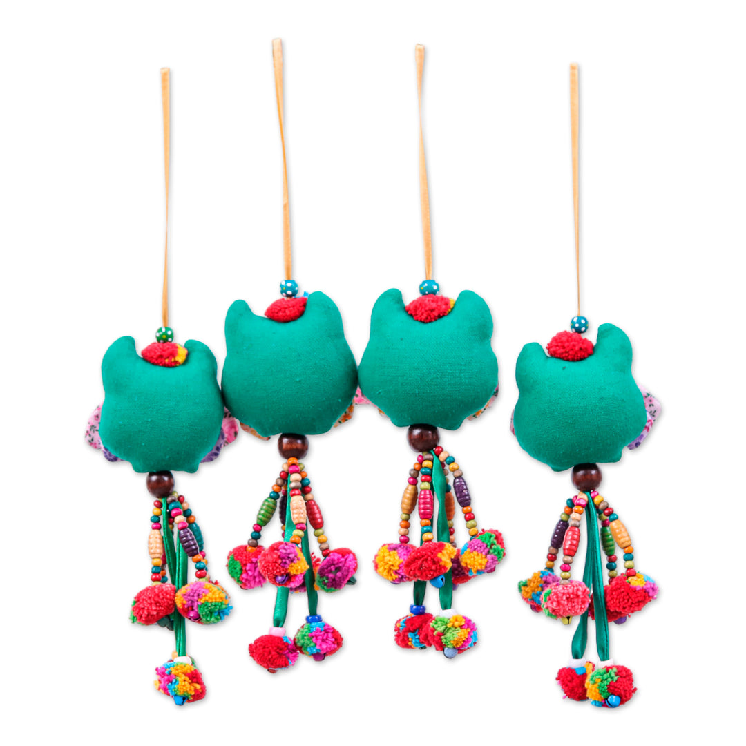 Green-Palette Owl-Themed 4-Piece Cotton Blend Ornament Set - Lagoon Owls