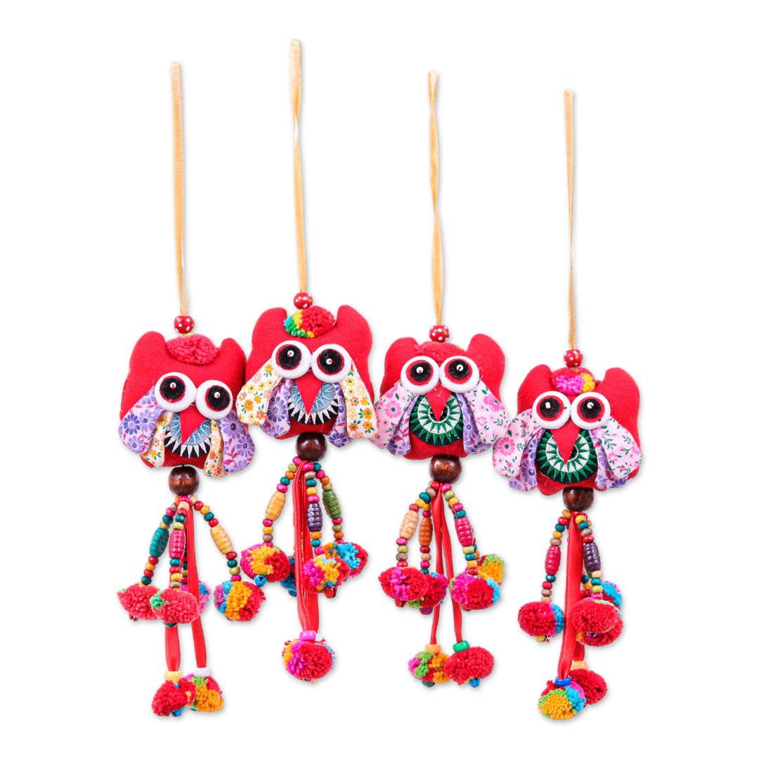 Red-Palette Owl-Themed 4-Piece Cotton Blend Ornament Set - Fire Owls