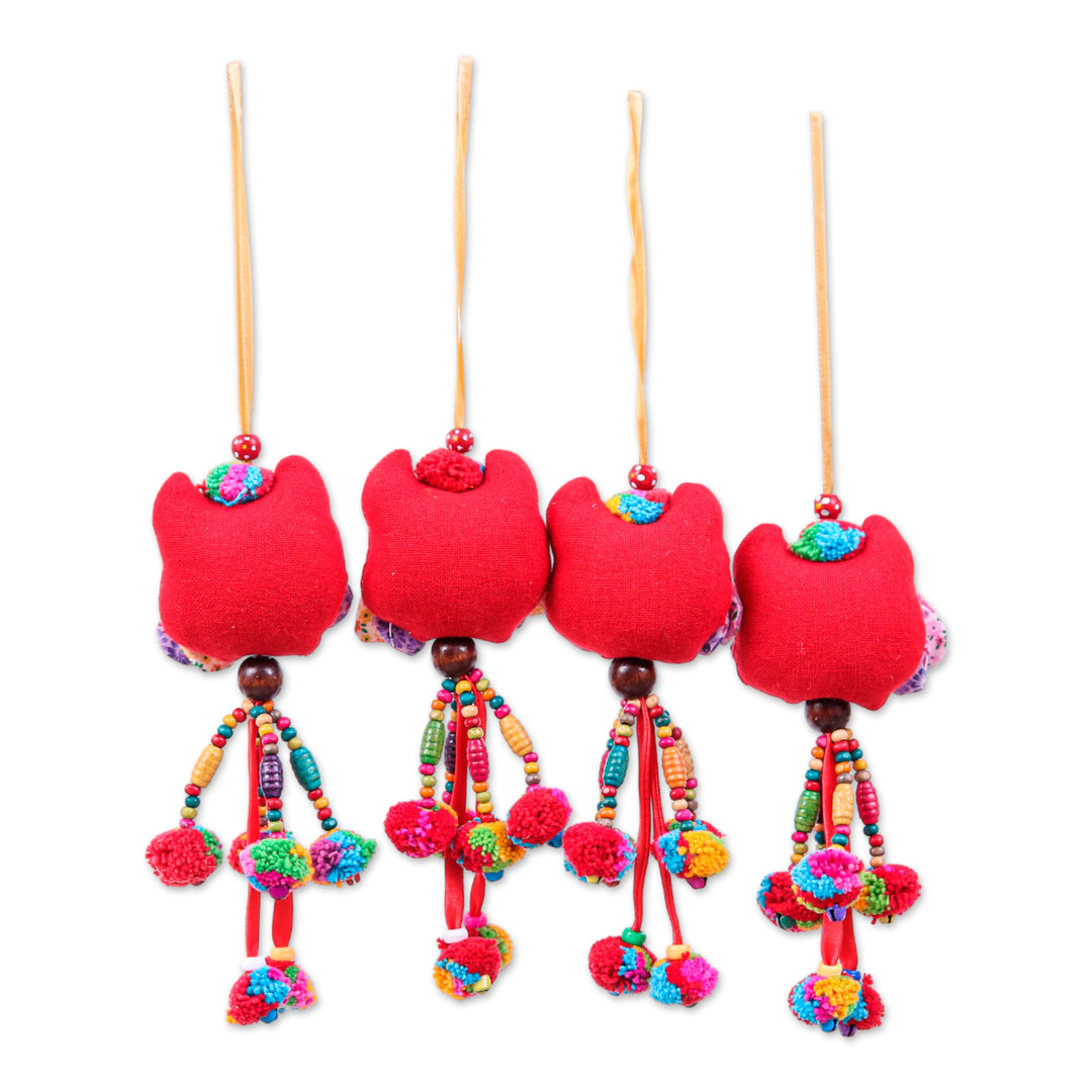 Red-Palette Owl-Themed 4-Piece Cotton Blend Ornament Set - Fire Owls