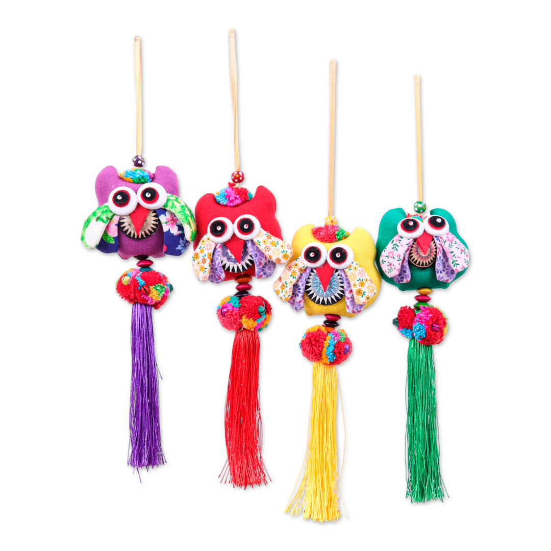 Thai-Inspired Owl-Themed 4-Piece Cotton Blend Ornament Set - Owl Veils