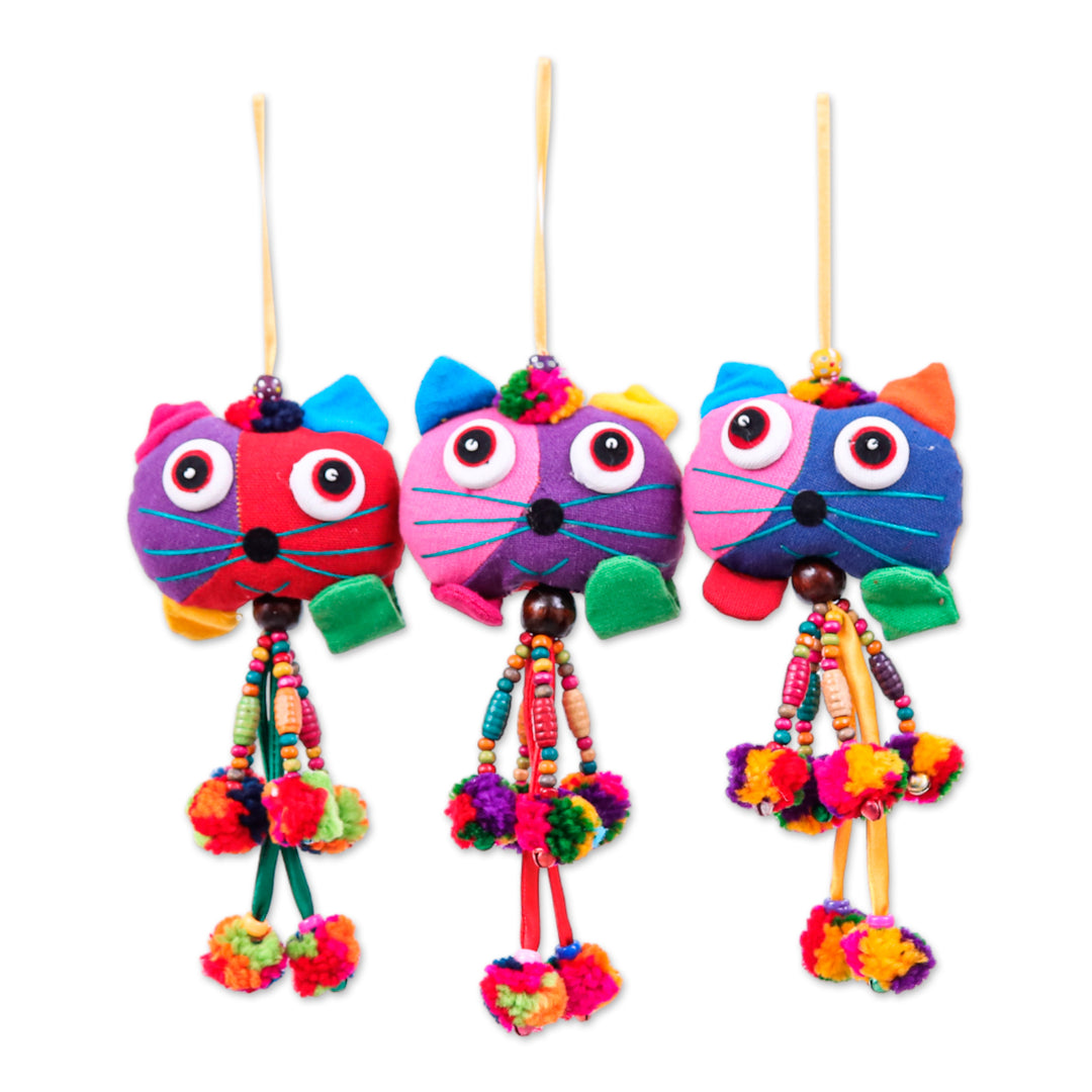 Cat-Inspired Whimsical 3-Piece Colorful Cotton Ornament Set - Feline Palette