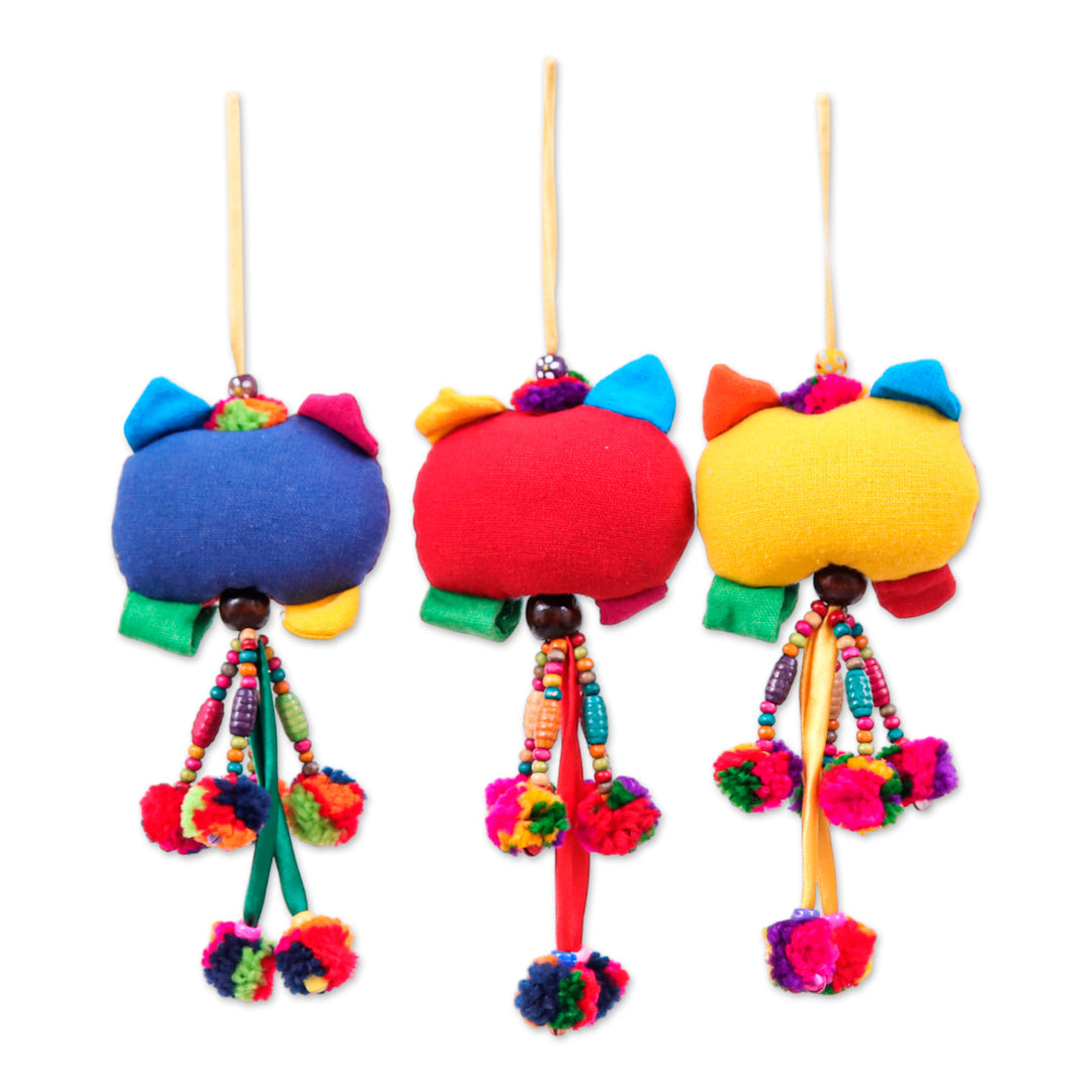 Cat-Inspired Whimsical 3-Piece Colorful Cotton Ornament Set - Feline Palette