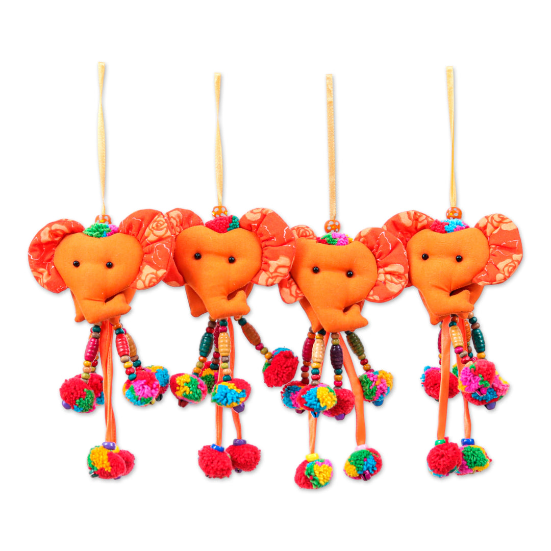 Floral 4-Piece Orange Cotton Blend Elephant Ornament Set - Autumn Ears