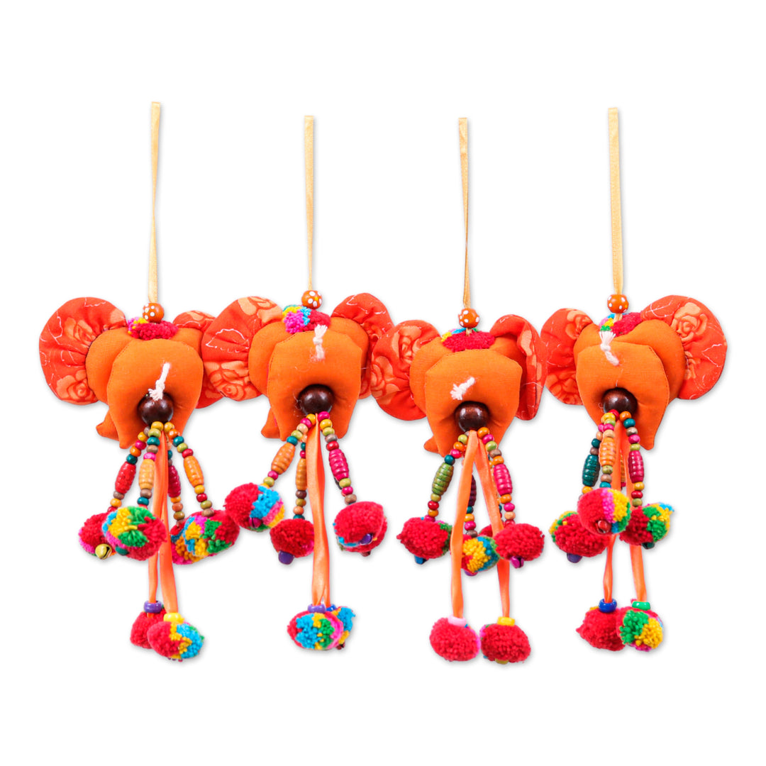 Floral 4-Piece Orange Cotton Blend Elephant Ornament Set - Autumn Ears