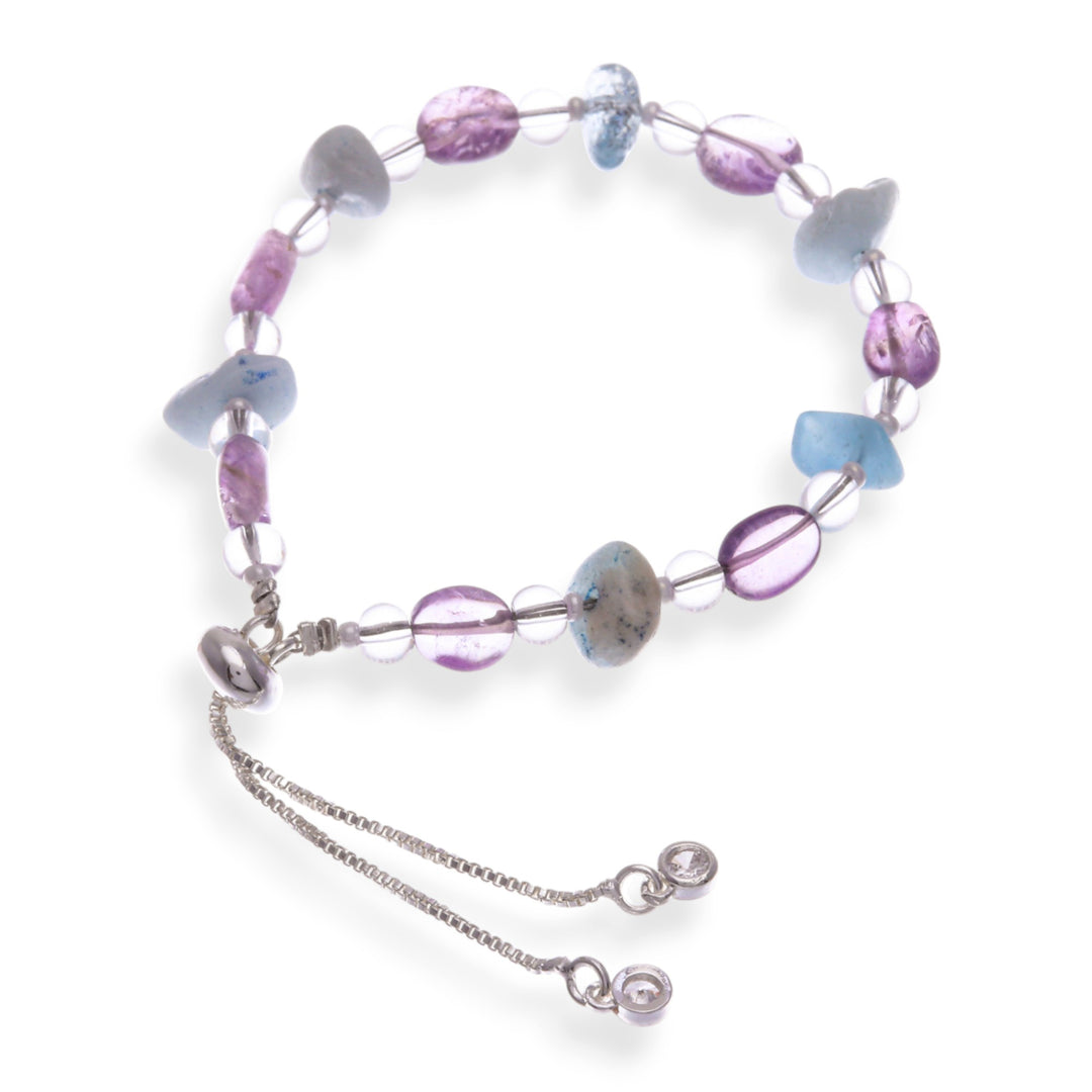 Silver-Plated Brass Beaded Bracelet with Amethyst and Quartz - Thriving Wise Love