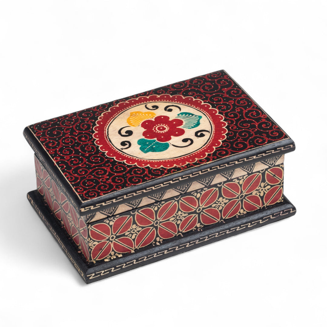 Floral-Themed Batik Wood Jewelry Box Lined in Velvet - Summer Hibiscus