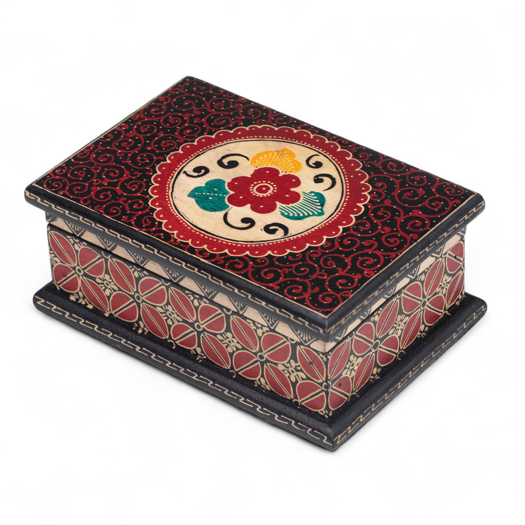 Floral-Themed Batik Wood Jewelry Box Lined in Velvet - Summer Hibiscus