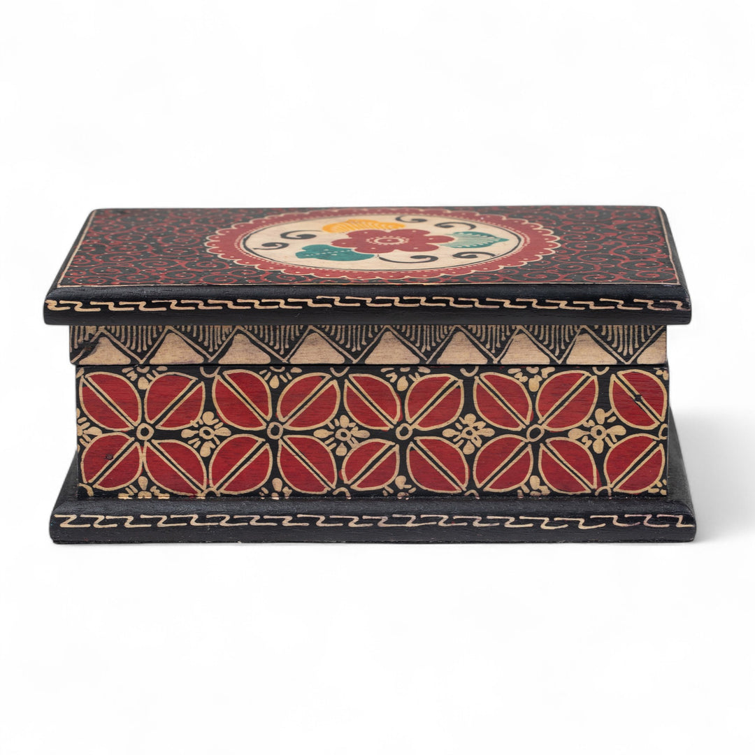 Floral-Themed Batik Wood Jewelry Box Lined in Velvet - Summer Hibiscus