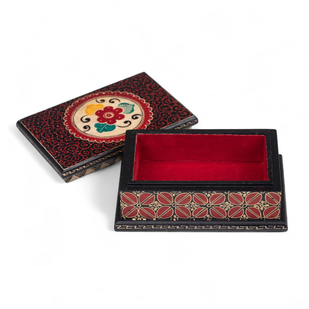 Floral-Themed Batik Wood Jewelry Box Lined in Velvet - Summer Hibiscus