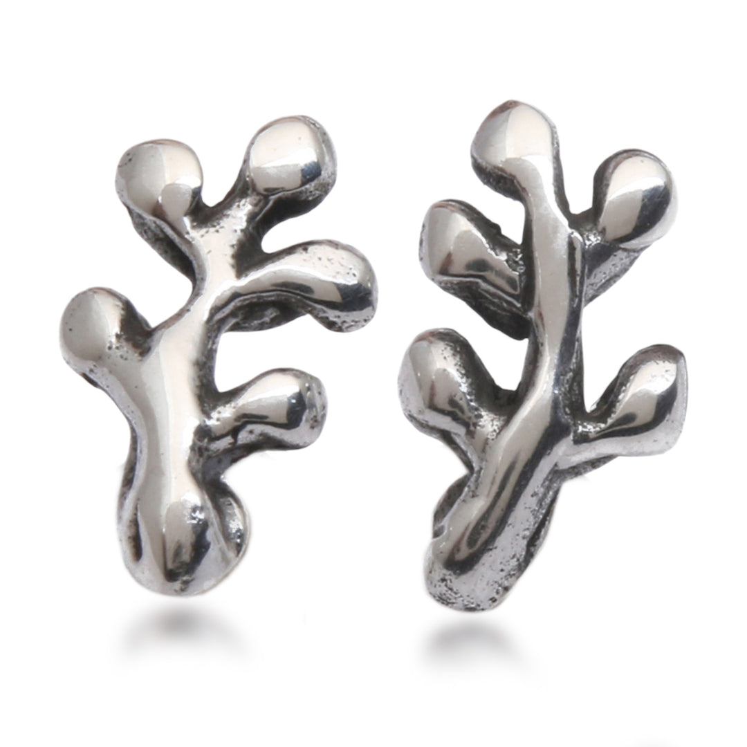 Coral Branch-Themed Polished Silver Stud Earrings from Bali - Magical Coral