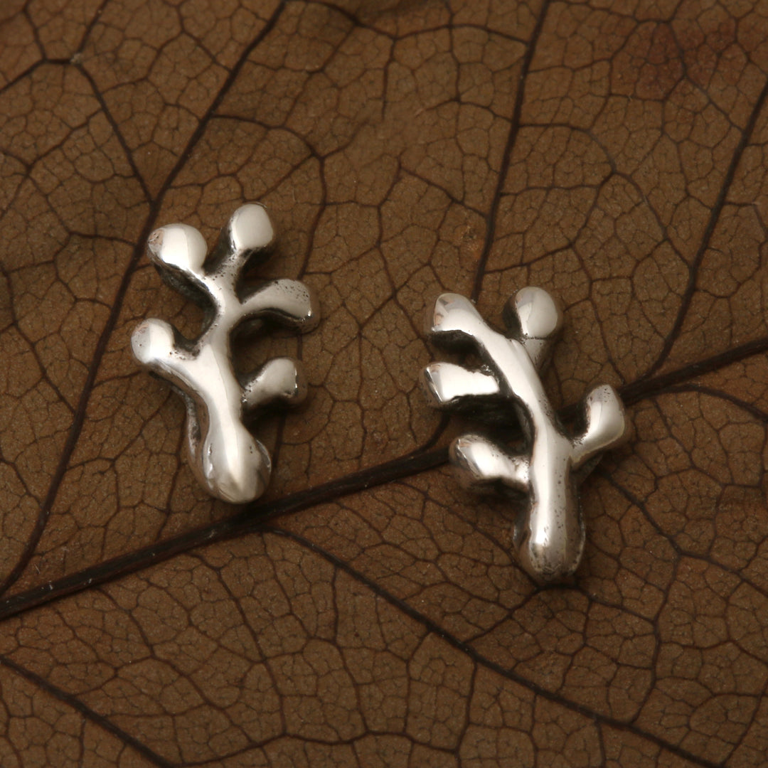 Coral Branch-Themed Polished Silver Stud Earrings from Bali - Magical Coral