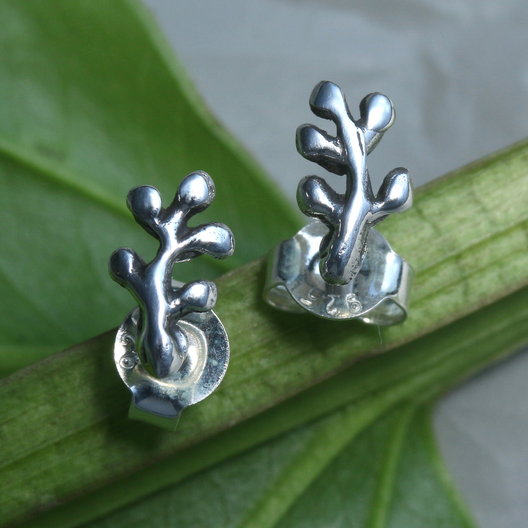 Coral Branch-Themed Polished Silver Stud Earrings from Bali - Magical Coral