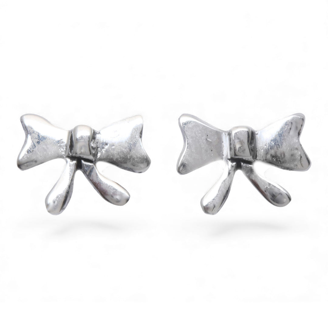 Whimsical Ribbon Bow-Shaped Sterling Silver Stud Earrings - Ribbon of Love