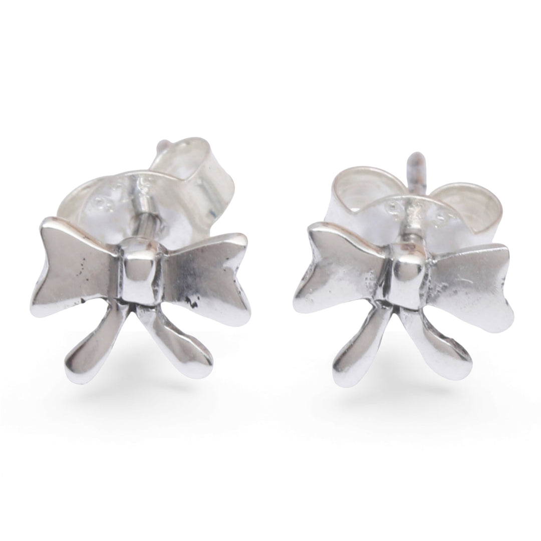Whimsical Ribbon Bow-Shaped Sterling Silver Stud Earrings - Ribbon of Love