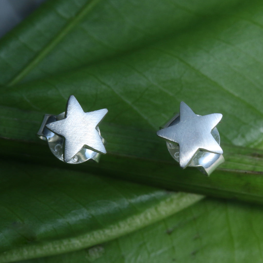Star-Themed Silver Stud Earrings with Matte Finish from Bali - Striking Star