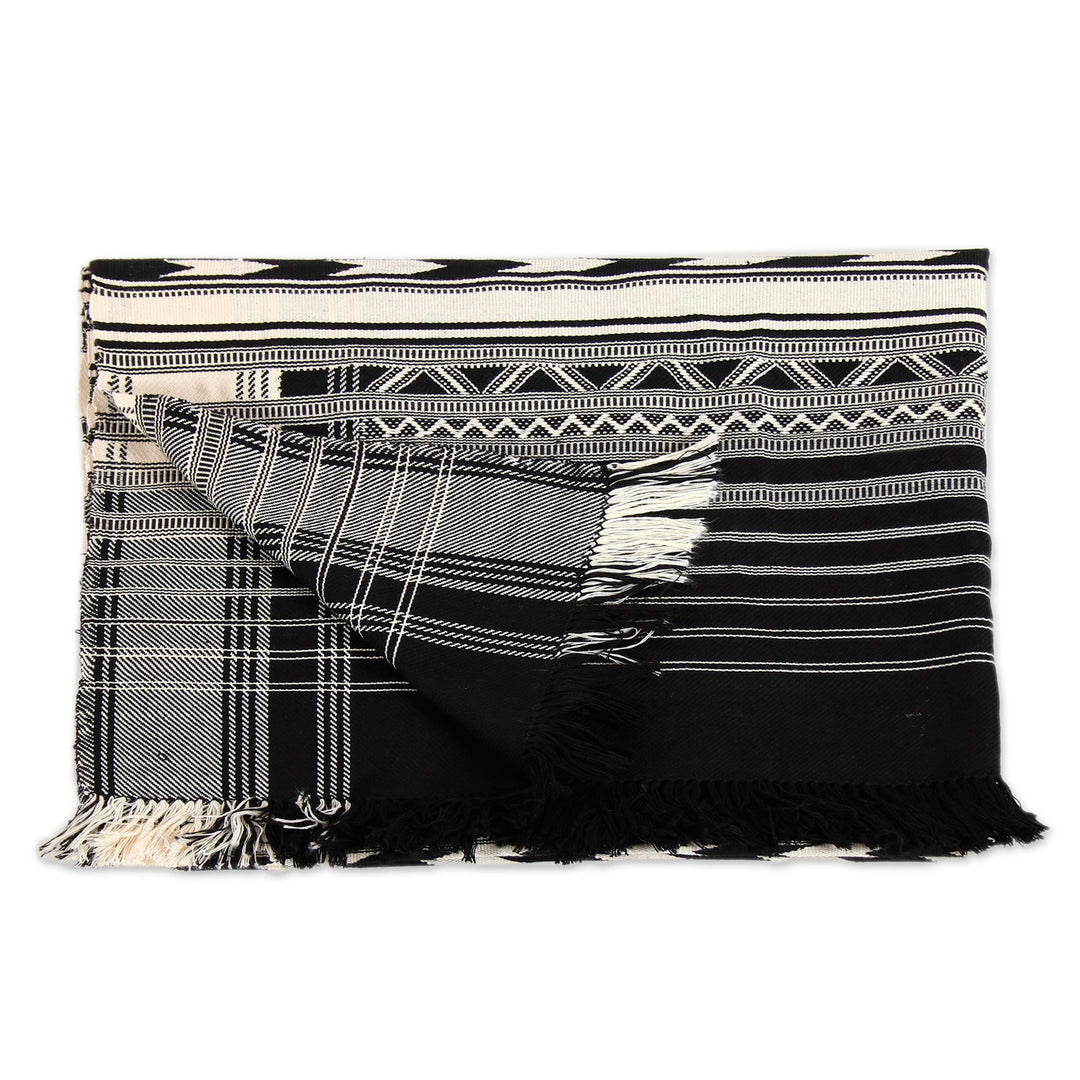Hand-Loomed Geometric Cotton Throw in Black and Ivory - Creative Elegance