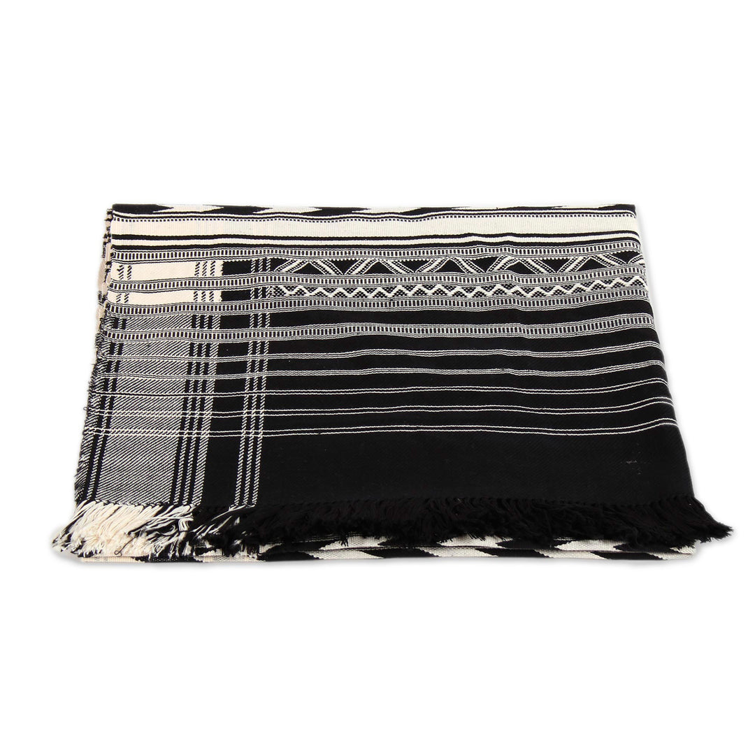Hand-Loomed Geometric Cotton Throw in Black and Ivory - Creative Elegance