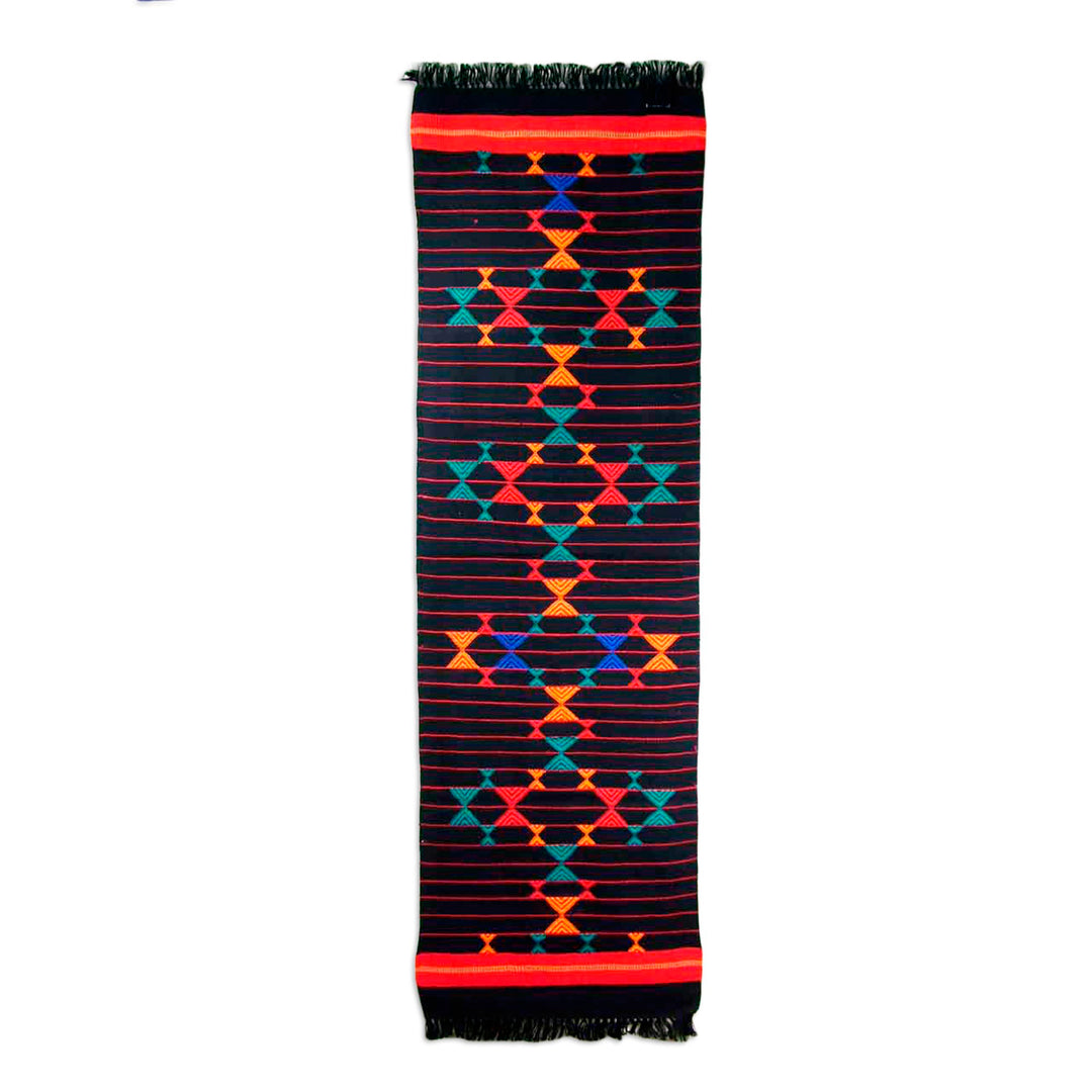 Handwoven Fringed Cotton Table Runner with Geometric Motifs - Magical Constellations