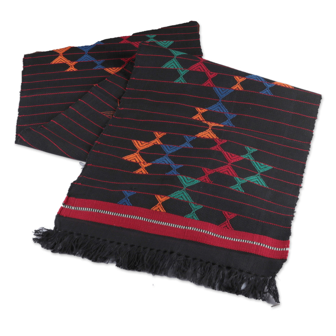 Handwoven Fringed Cotton Table Runner with Geometric Motifs - Magical Constellations