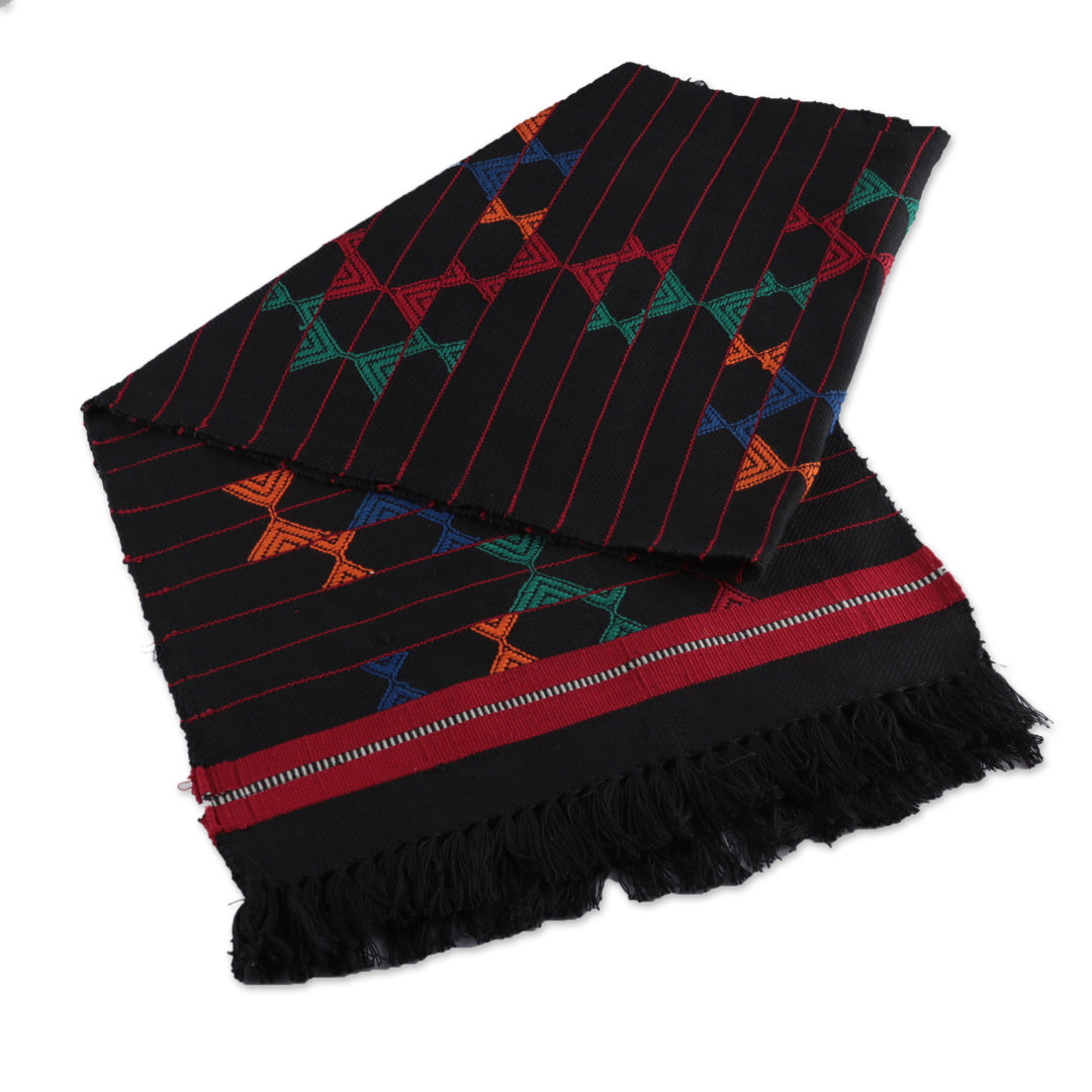 Handwoven Fringed Cotton Table Runner with Geometric Motifs - Magical Constellations
