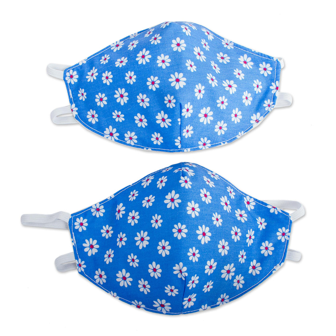 2 Double Layer Red Polyester Print Cotton Elastic Headband F - Blue Daisy Daze