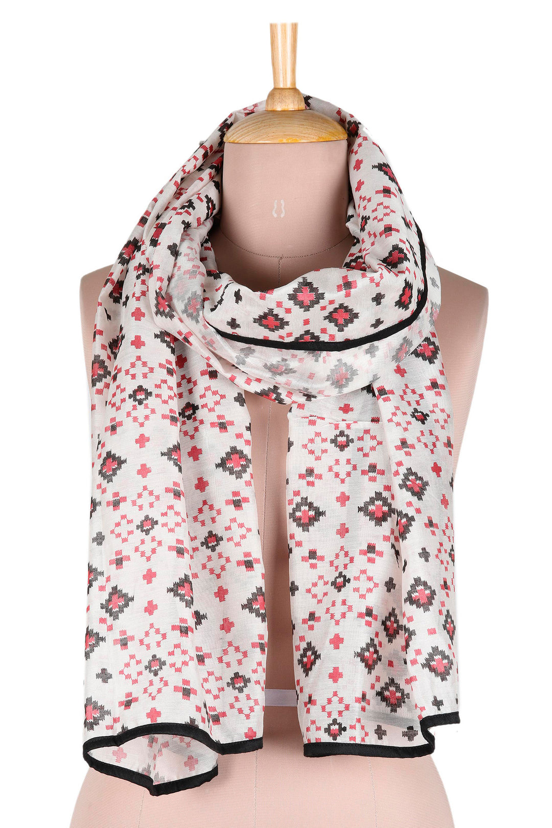 Geometric-Patterned 100% Cotton Scarf with Black Piping - Linen Constellation