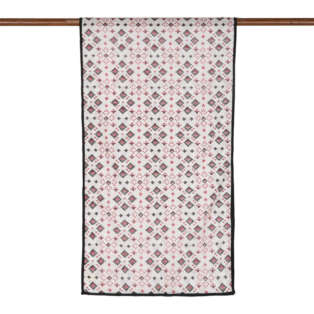Geometric-Patterned 100% Cotton Scarf with Black Piping - Linen Constellation