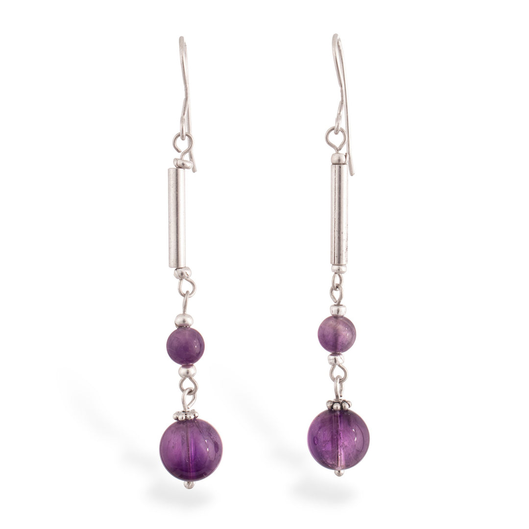 Silver Dangle Earrings with Amethyst Gems of Two Sizes - Purple Orbs