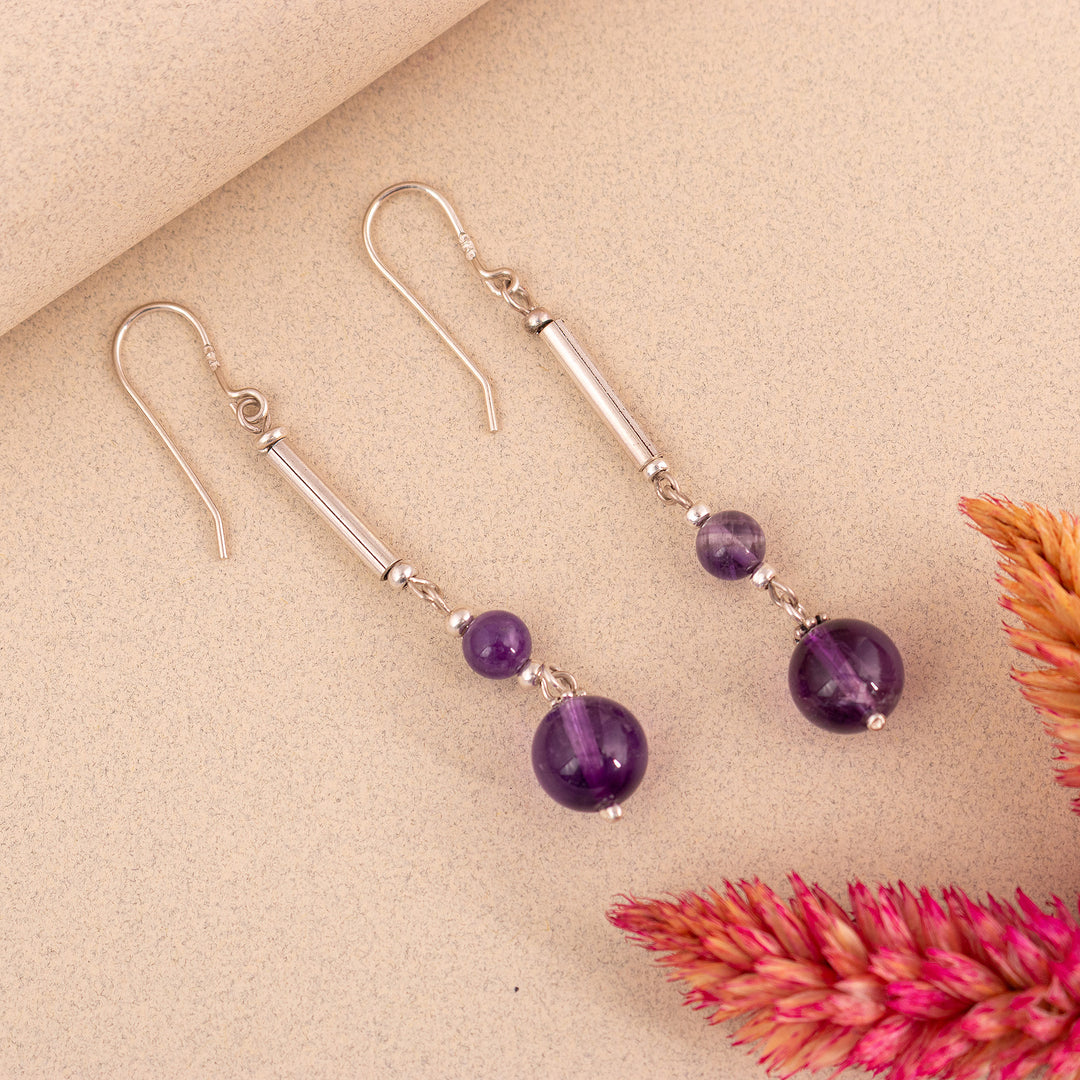 Silver Dangle Earrings with Amethyst Gems of Two Sizes - Purple Orbs