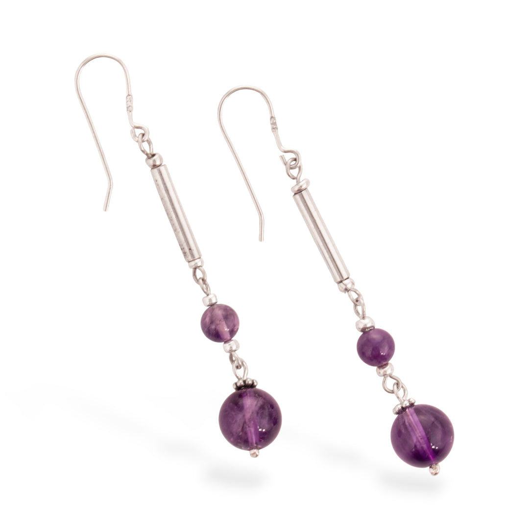 Silver Dangle Earrings with Amethyst Gems of Two Sizes - Purple Orbs