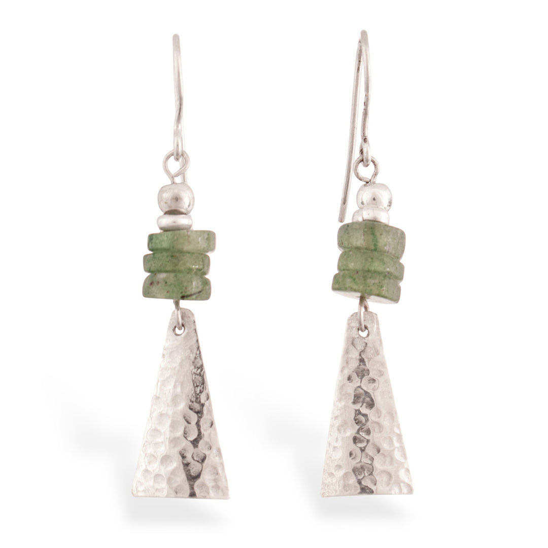 Pyramid-Inspired Hammered Aventurine Silver Dangle Earrings - Pyramids of Inner Peace