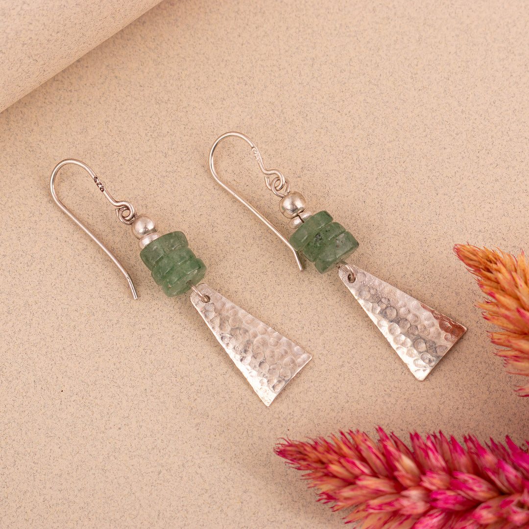Pyramid-Inspired Hammered Aventurine Silver Dangle Earrings - Pyramids of Inner Peace