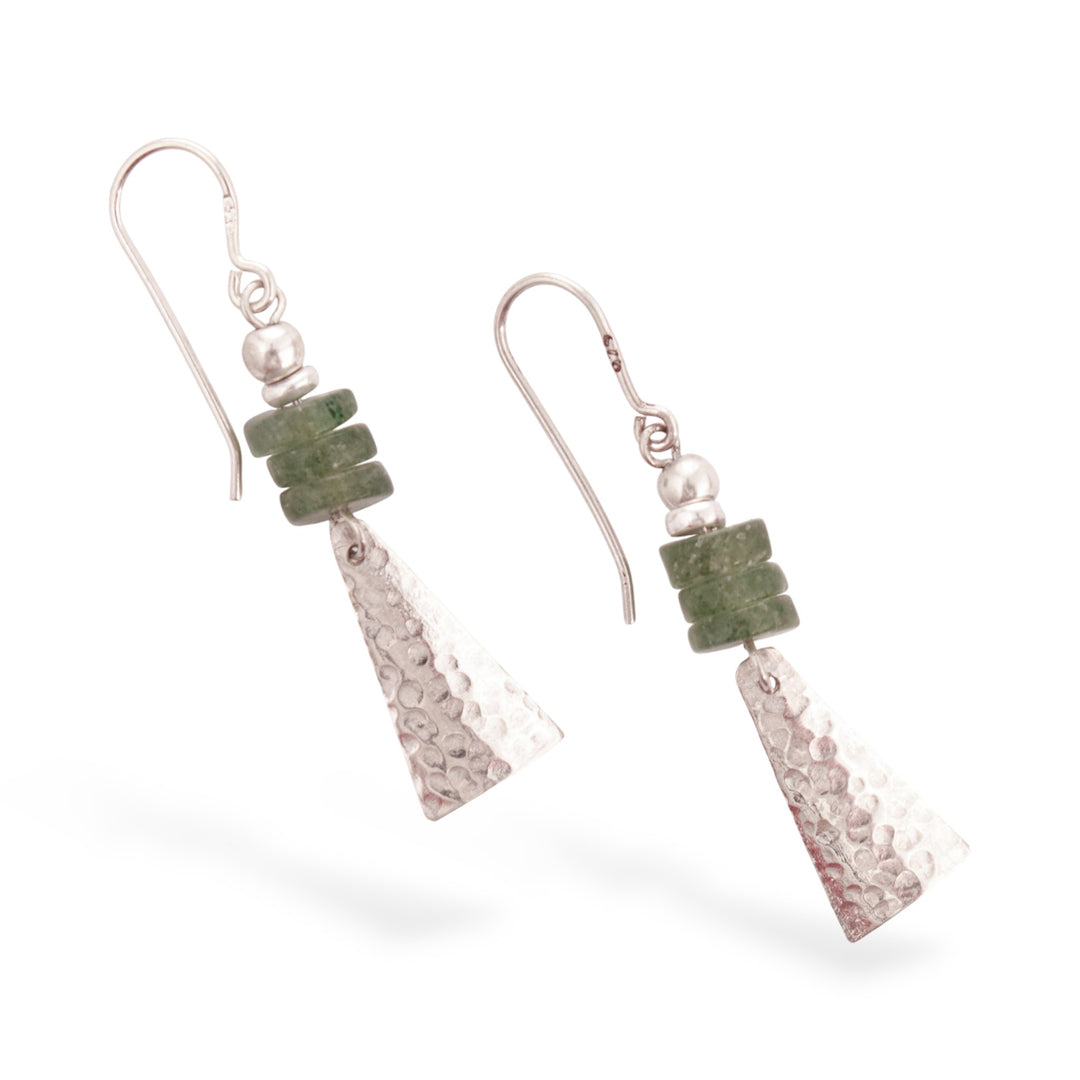 Pyramid-Inspired Hammered Aventurine Silver Dangle Earrings - Pyramids of Inner Peace